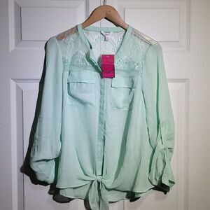 CANDIES Mint Green Sheer Long Sleeve Lace‎ Blouse